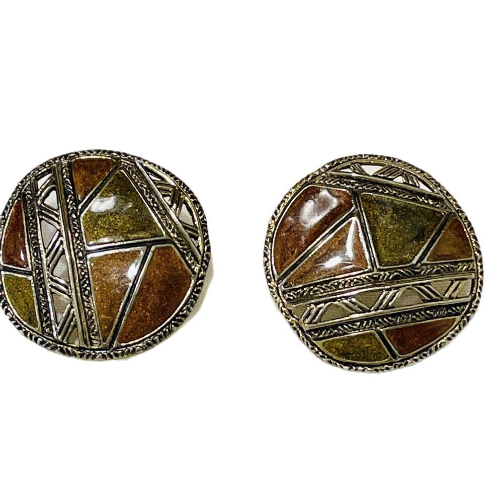 VTG Edgar Berebi Round Stud Earrings Neutral Brown Enamel Tribal Cut Out Design